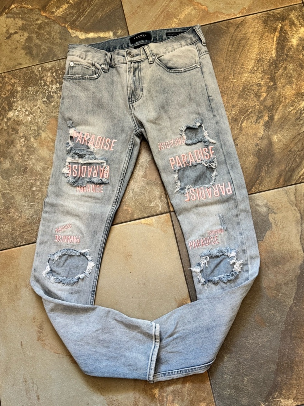 Men's Light Grey Distressed Jeans with Pink 'Paradise' Print